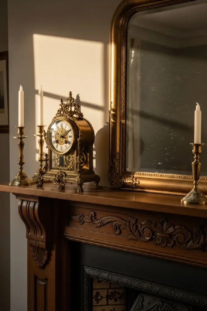 Vintage brass clock and ornate mirror