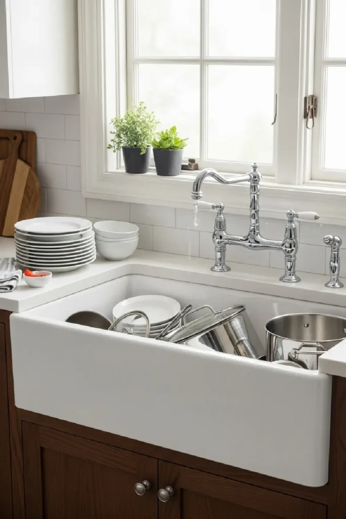Large white ceramic kitchen sink