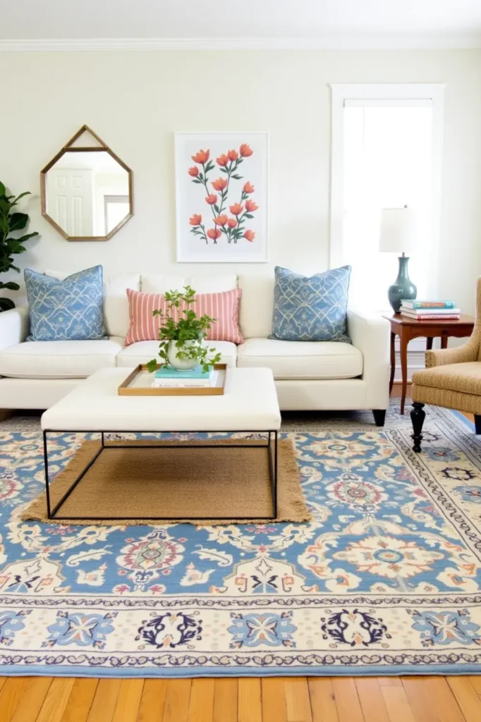 Layered Persian and jute rugs warmth