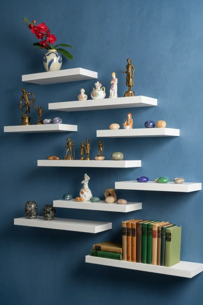 Asymmetrical floating shelves with books, vase, and decor