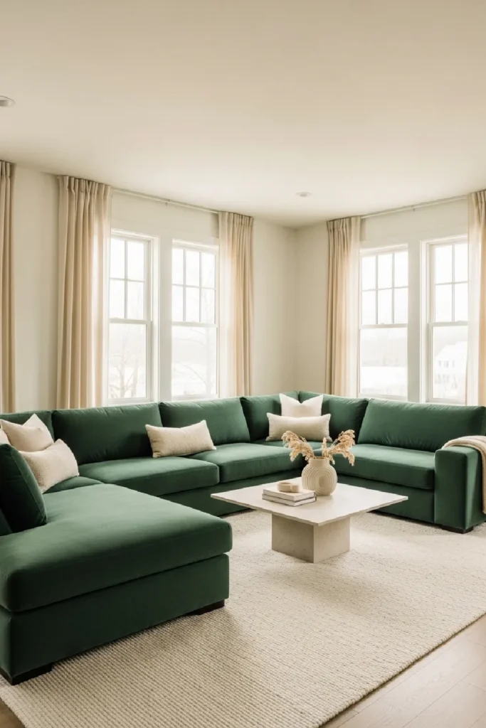 Forest green sectional with cream accents