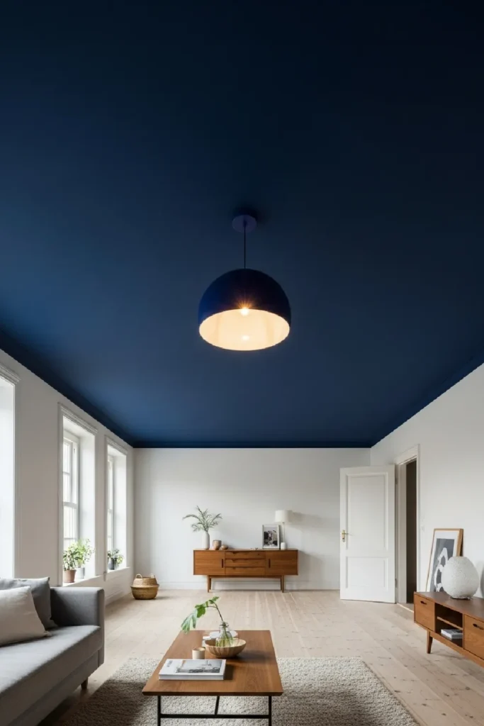 Deep navy blue ceiling with pendant light