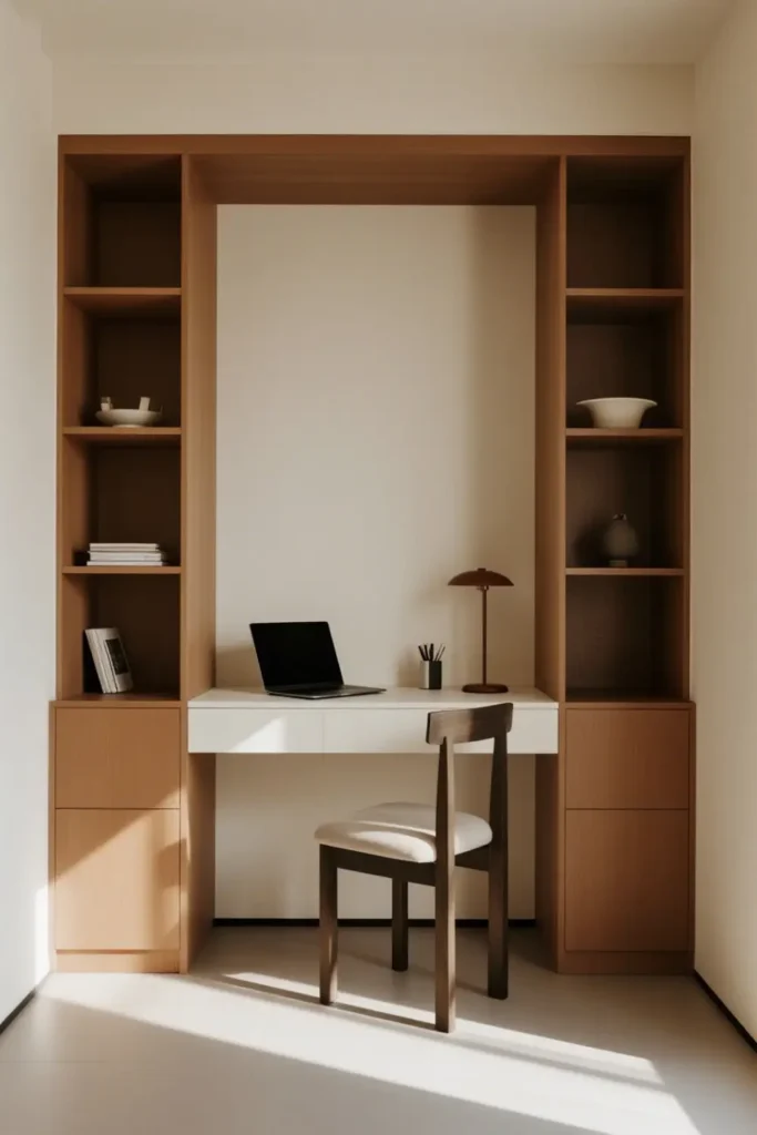 Compact white desk with built-in shelves and lamp