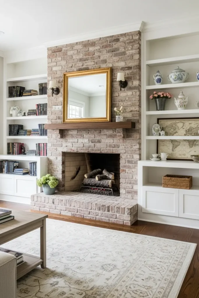 White built-in shelves flank brick fireplace with books
