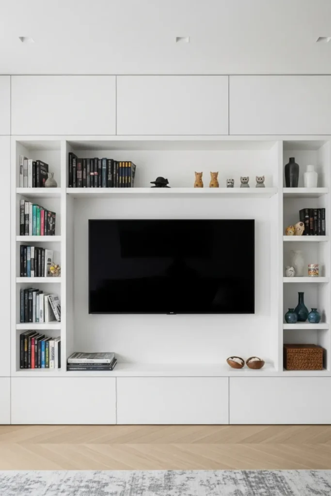 White built-in shelves framing TV with books and decor