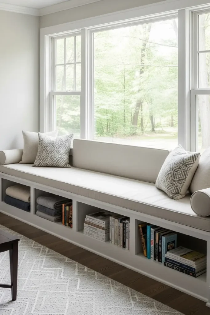 Window seat with built-in shelves, books, and blankets