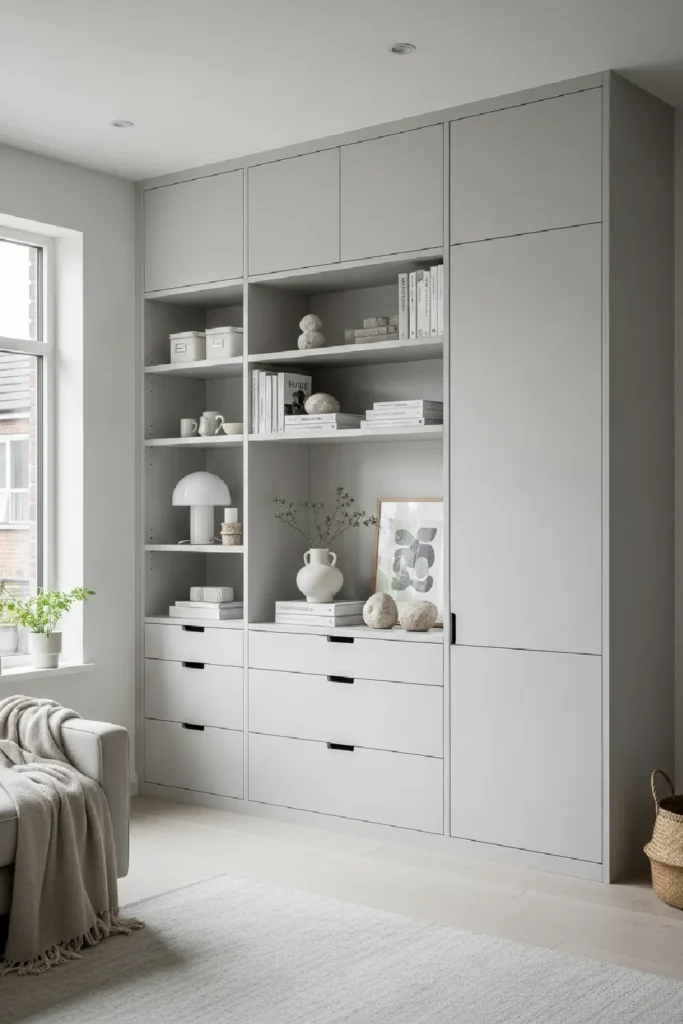 Built-in white storage for clean organization