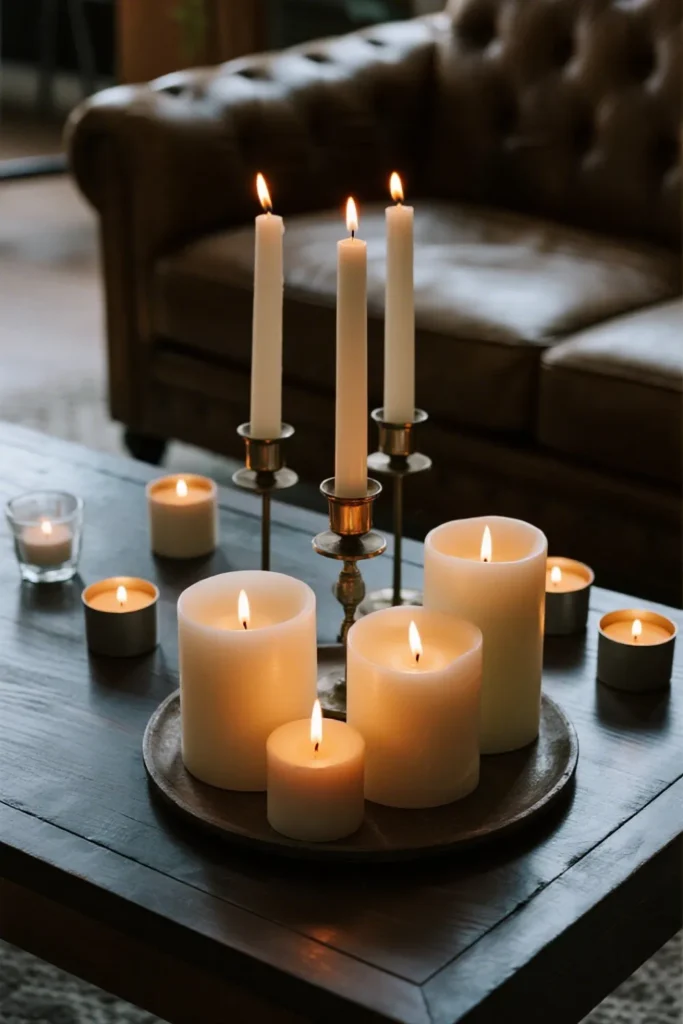 Pillar candles creating cozy candlelight glow