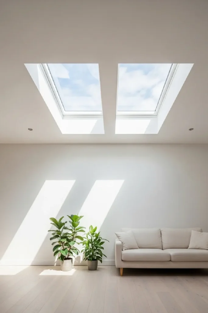 Wide skylights brightening soft white walls