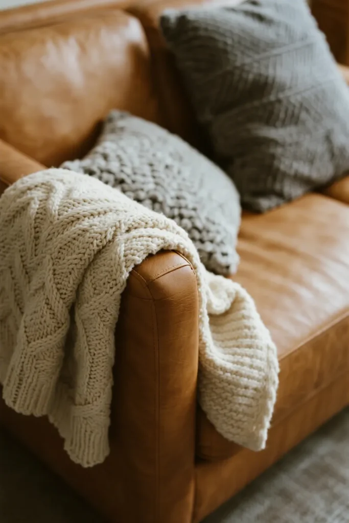 Chunky knit blankets on leather couch