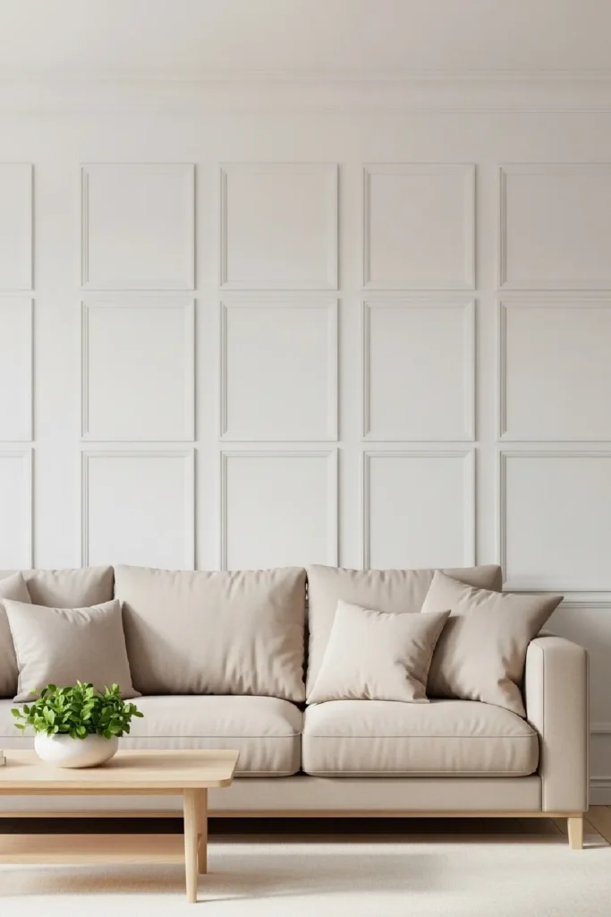 Beige sofa with grid wall molding