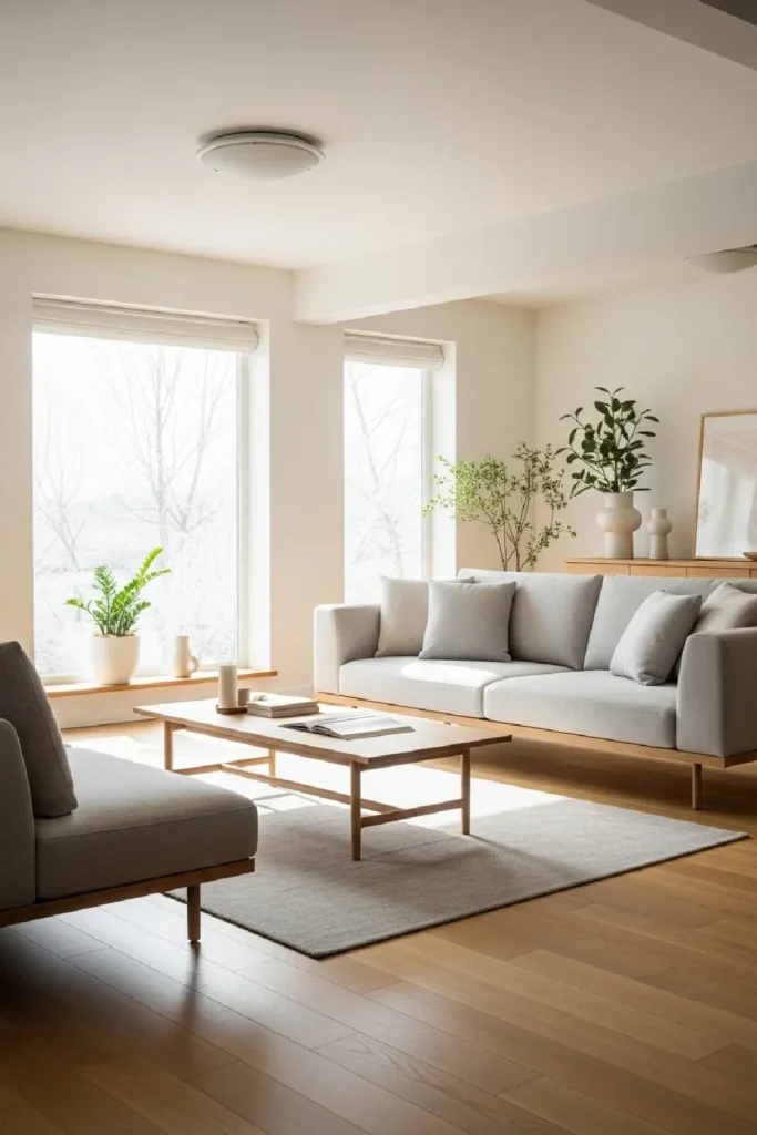 Low minimalist furniture in soft tones