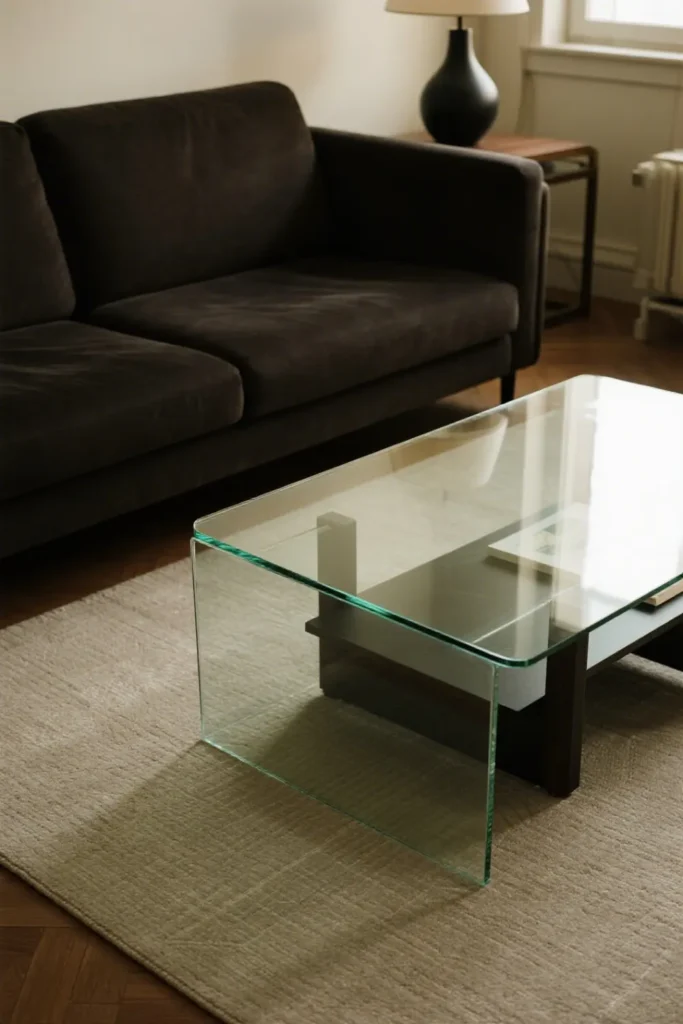 Clear glass coffee table enhances openness