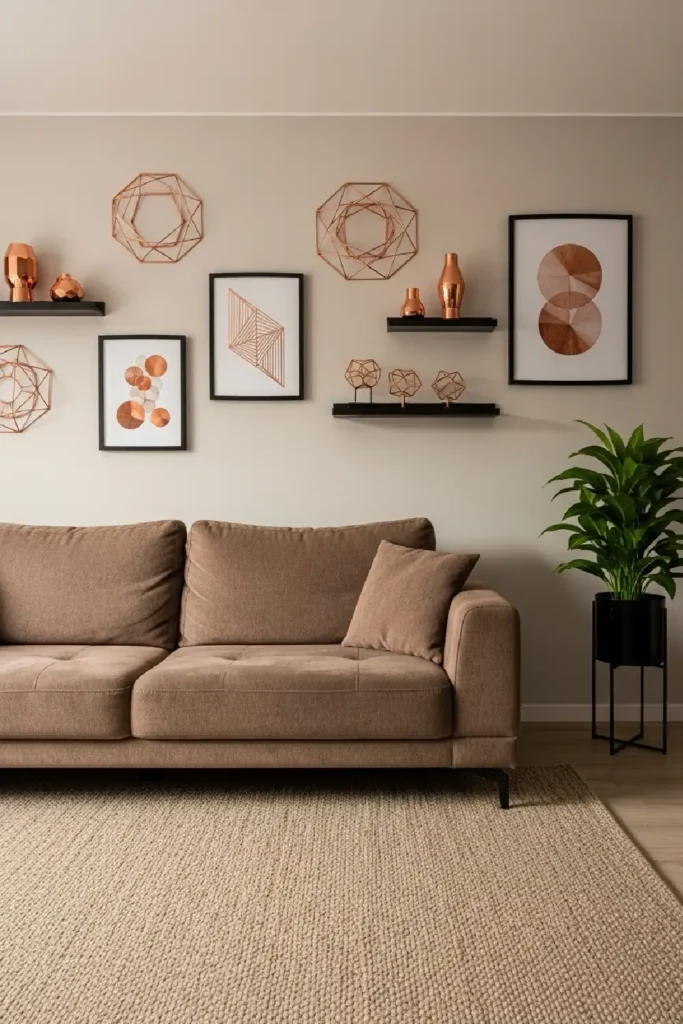 Modern living room with copper accents