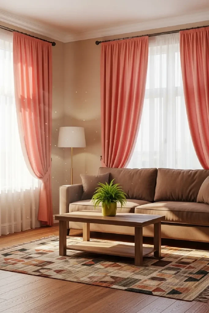 Bright living room with coral curtains