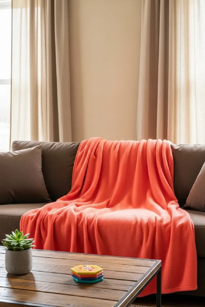 Cozy living room with coral accents