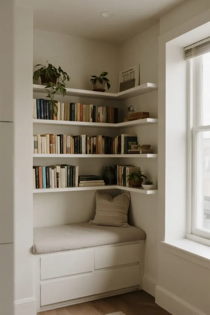 Custom white corner shelves with books and plants