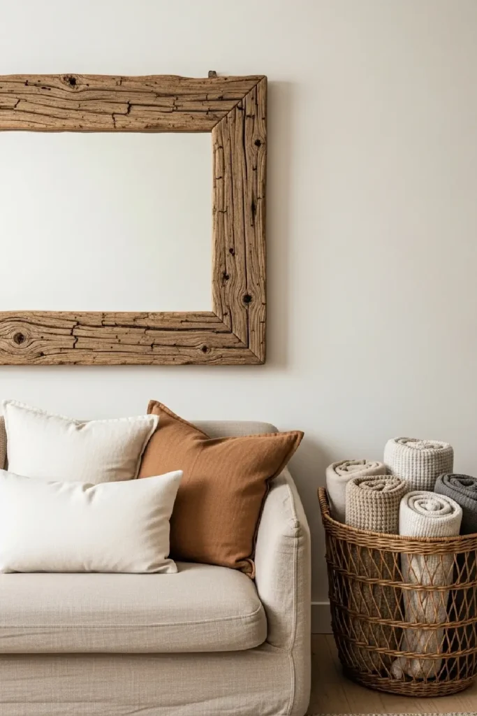 Rustic wood mirror above beige couch
