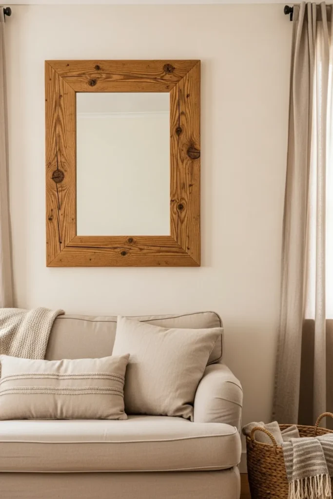 Rustic wooden mirror above beige couch