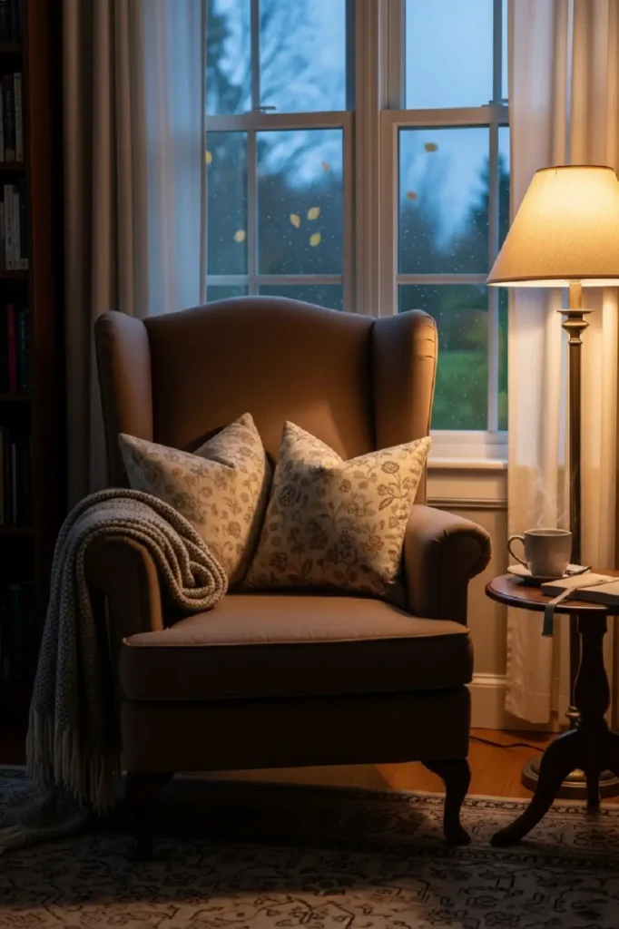 Cozy wingback chair with reading nook