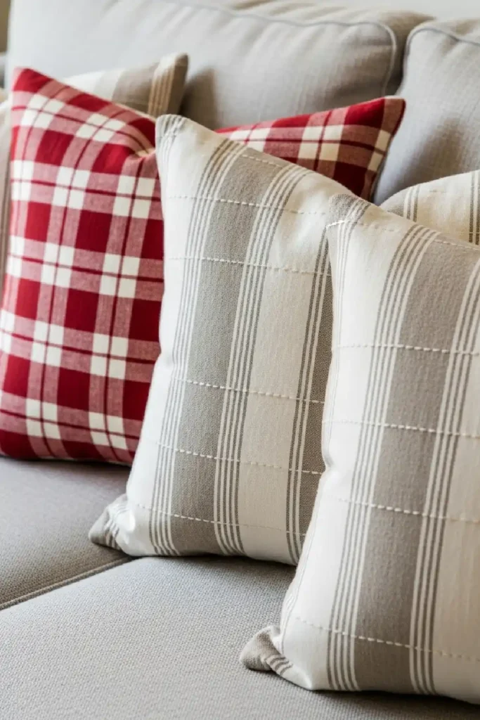 Cozy plaid and striped sofa pillows