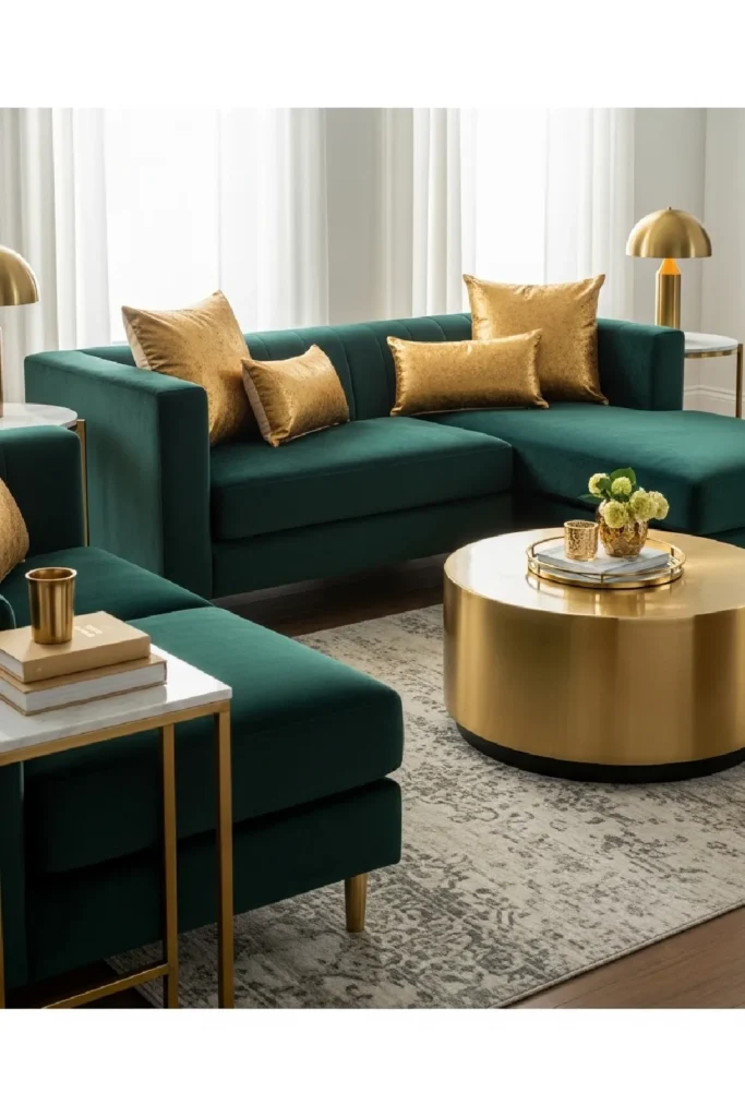 Dark green velvet sectional with gold accents