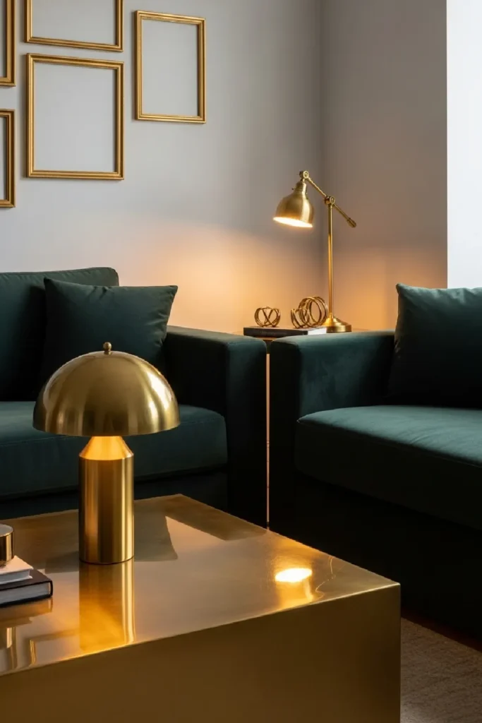 Dark green sectional with brass accents