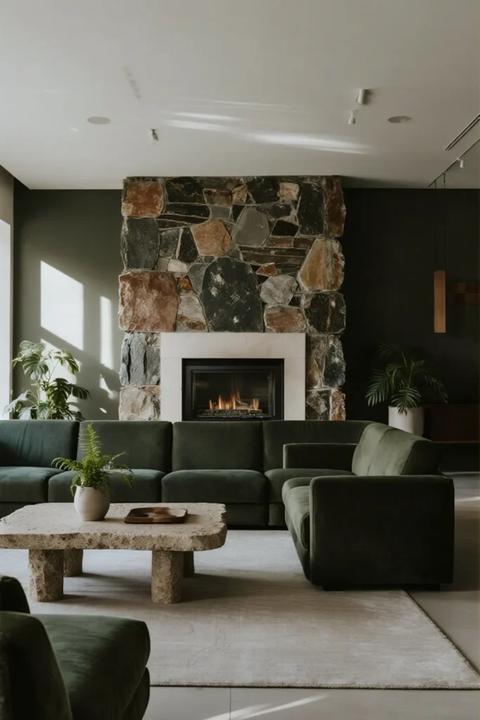 Dark green sectional with natural stone accents