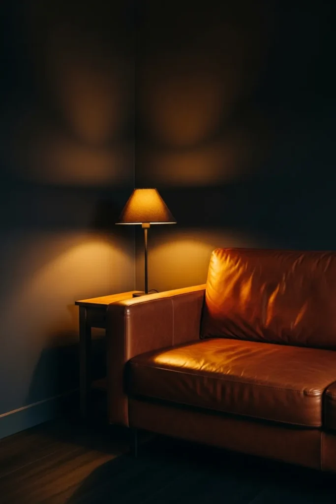 Charcoal walls with warm cozy lighting