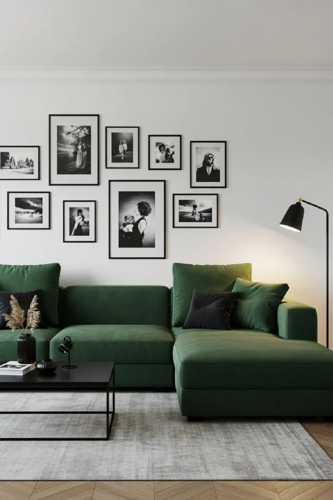 Deep green sectional with black accents