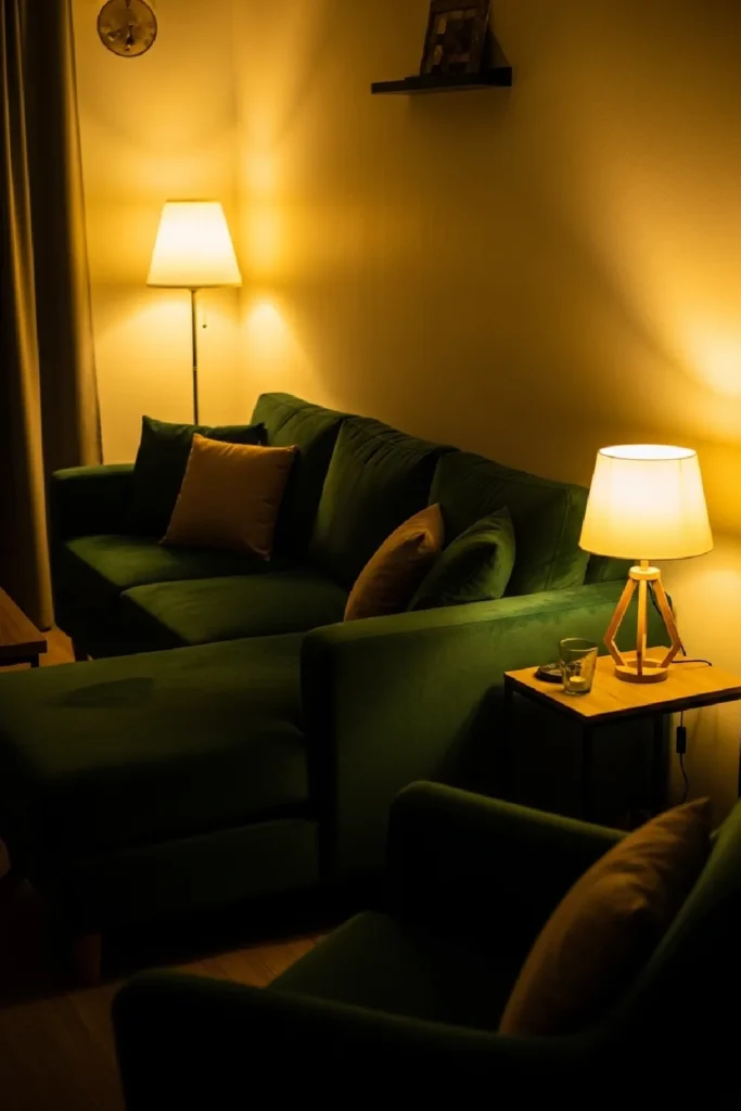 Deep green sectional with warm lighting