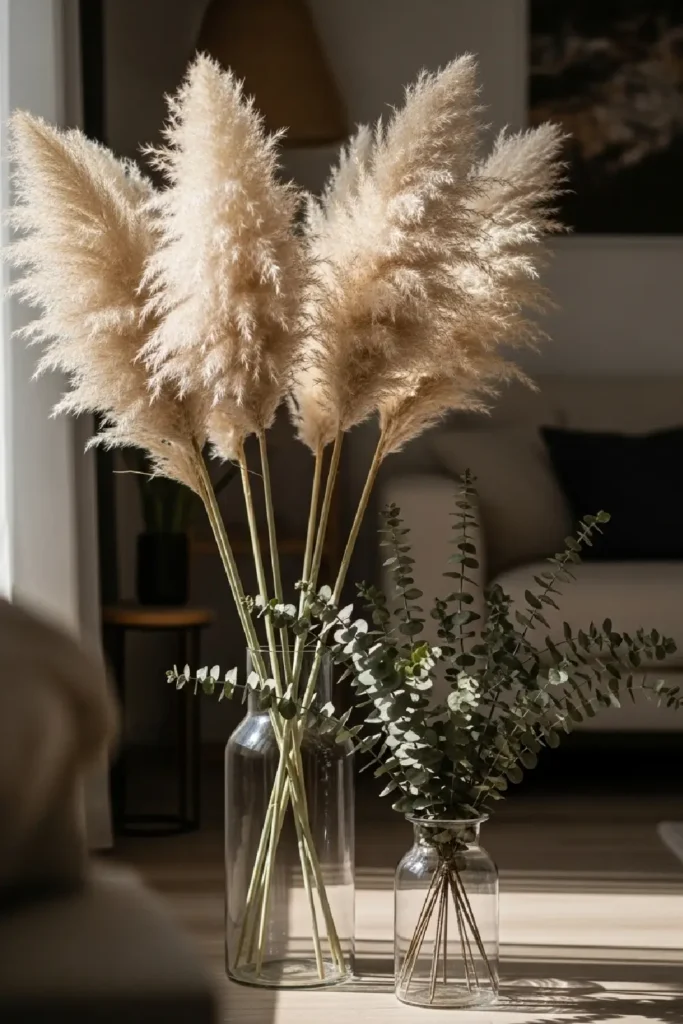 Dried pampas grass and eucalyptus decor