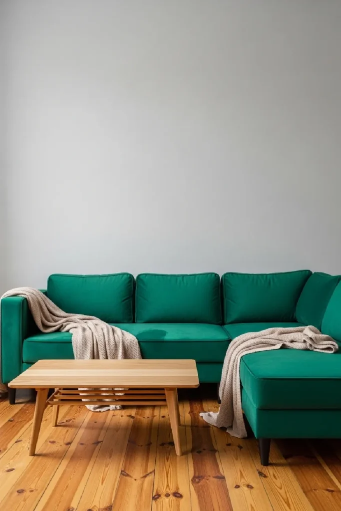Emerald green sectional with beige accents