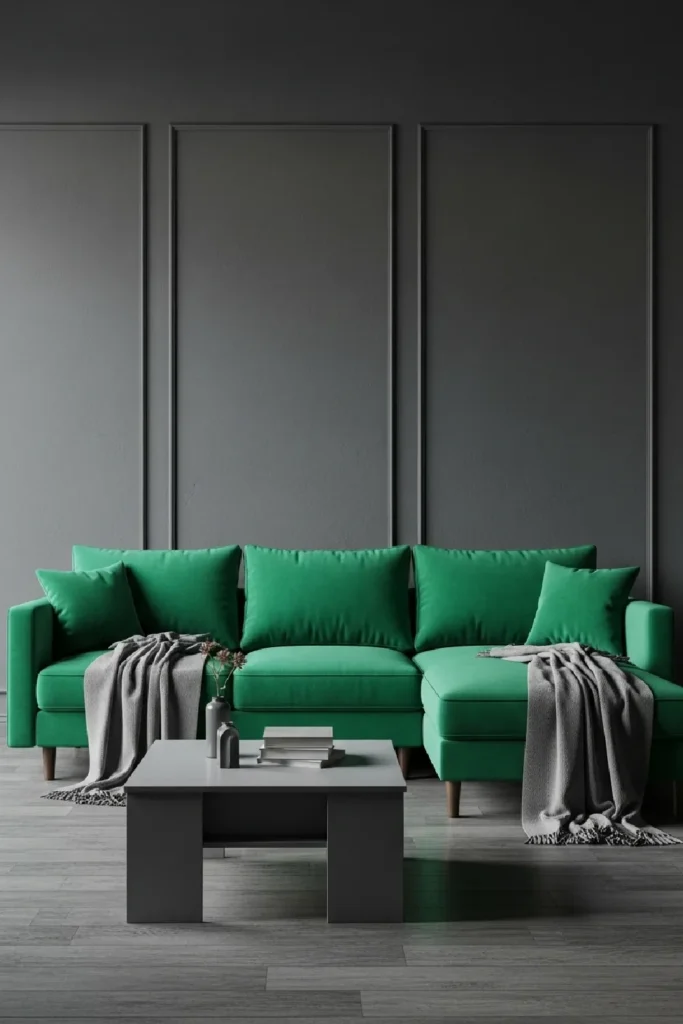 Emerald green sectional with gray contrast