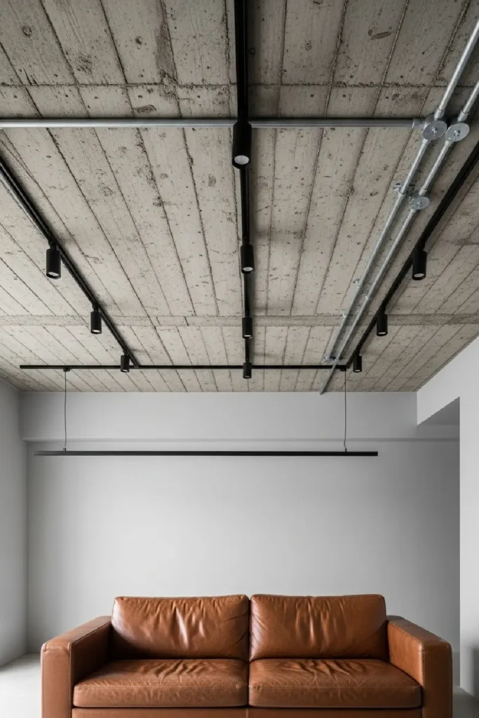 Raw concrete ceiling with exposed pipes