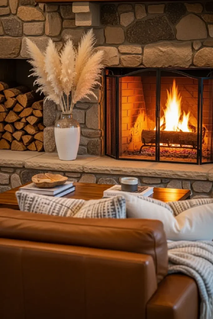Stone fireplace with cozy seating area