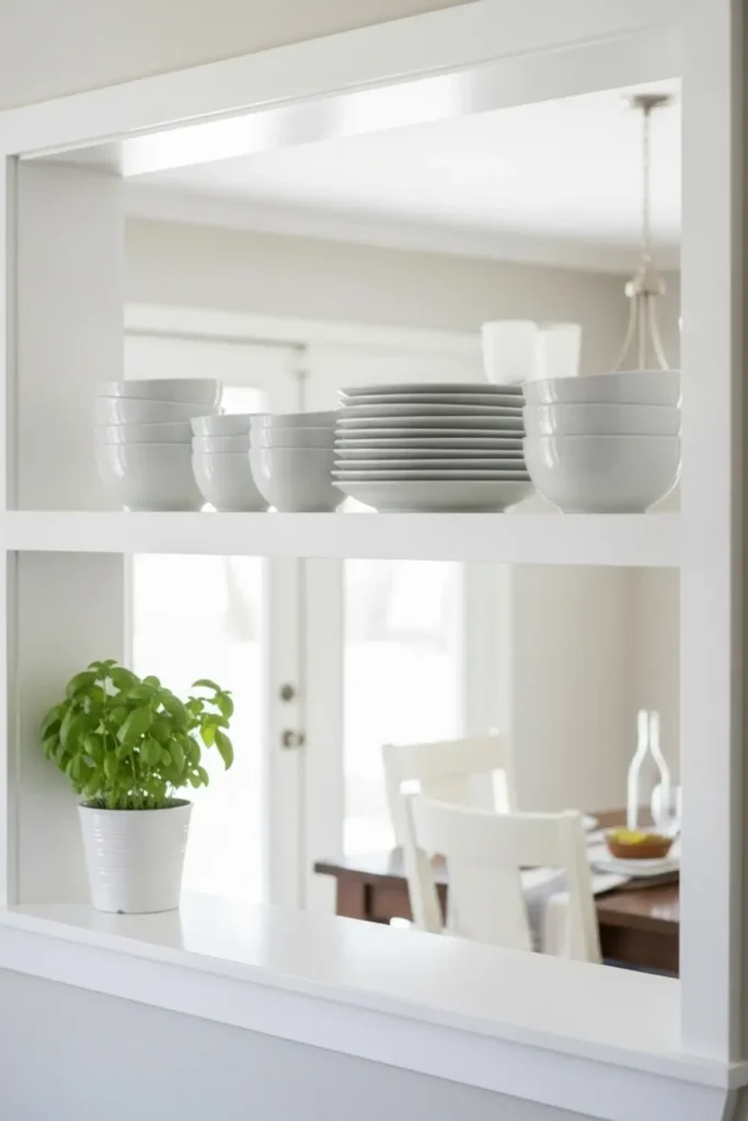Floating kitchen shelves with dishes and herb plant