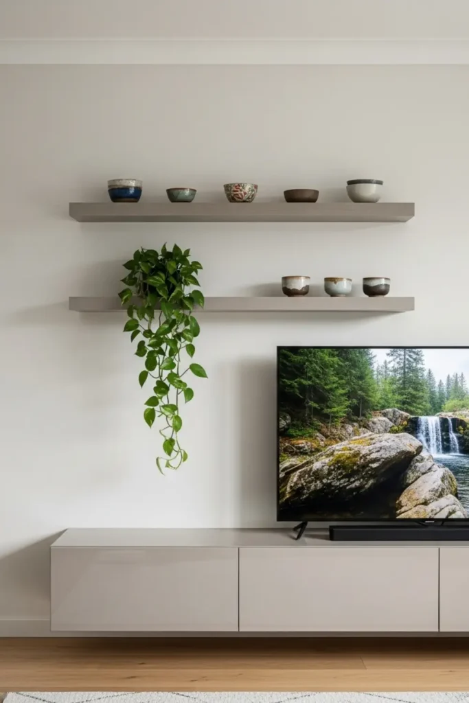 Floating shelves above media console with plants and decor