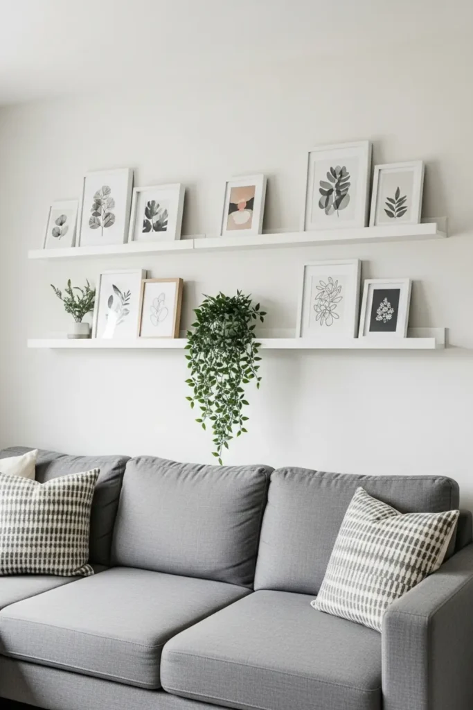 Modern floating shelves with art and trailing plant