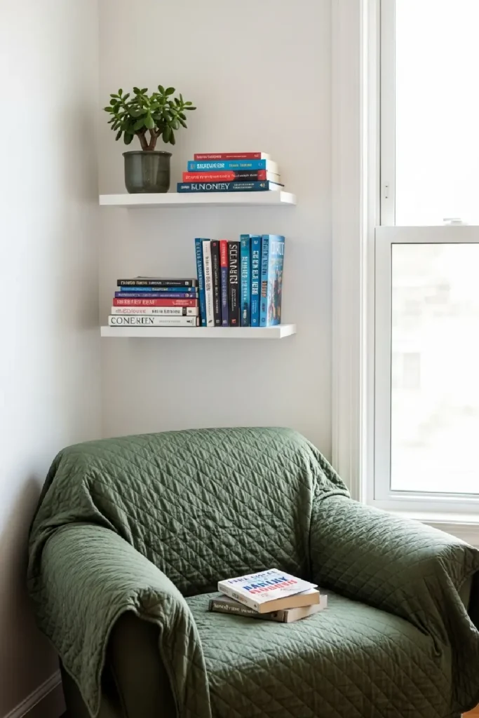Cozy reading nook with chair, shelves, books, and plant