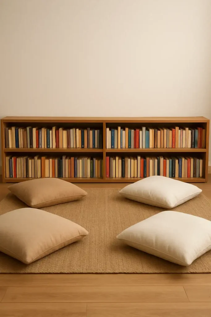 Floor Cushions Around Low Bookshelf