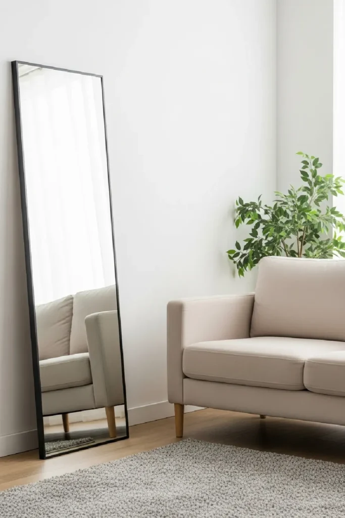 Floor mirror beside beige couch