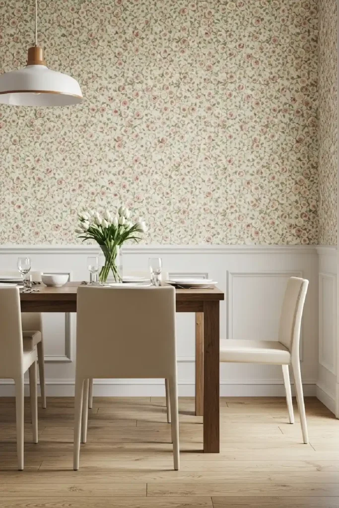Delicate floral wallpaper with blooming roses