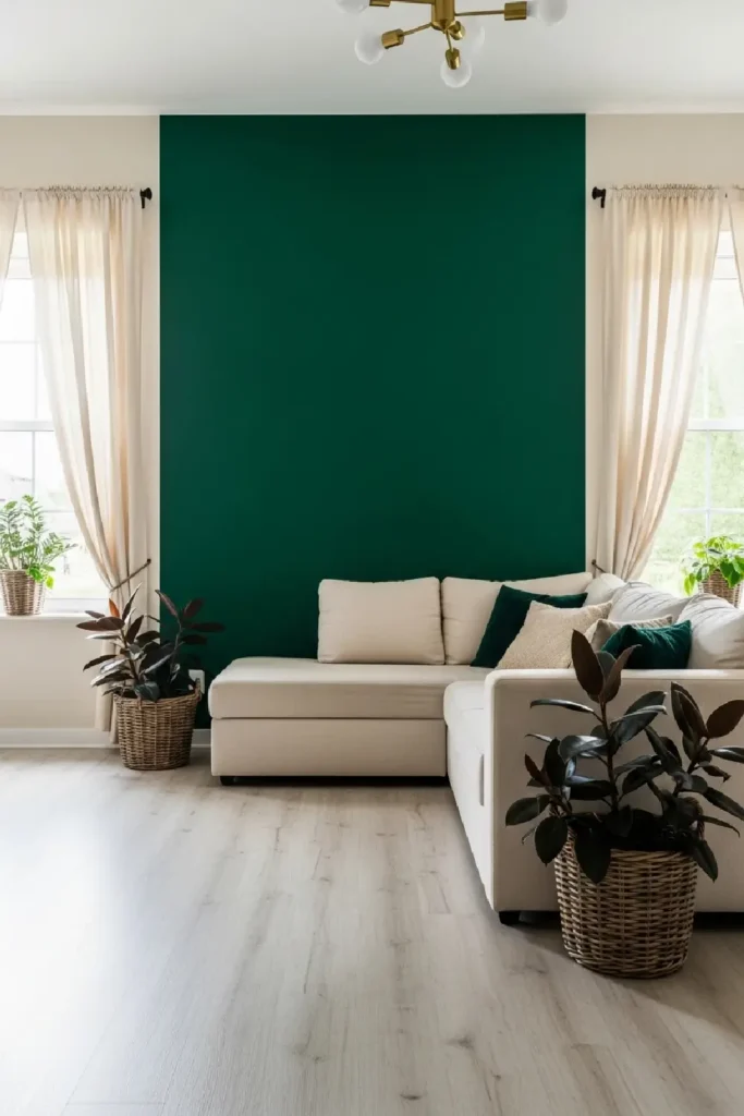 Deep forest green and cream living room