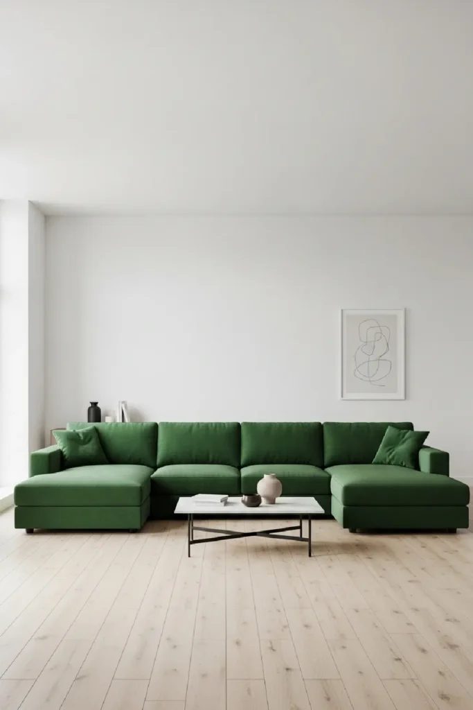 Forest green sectional in minimalist space