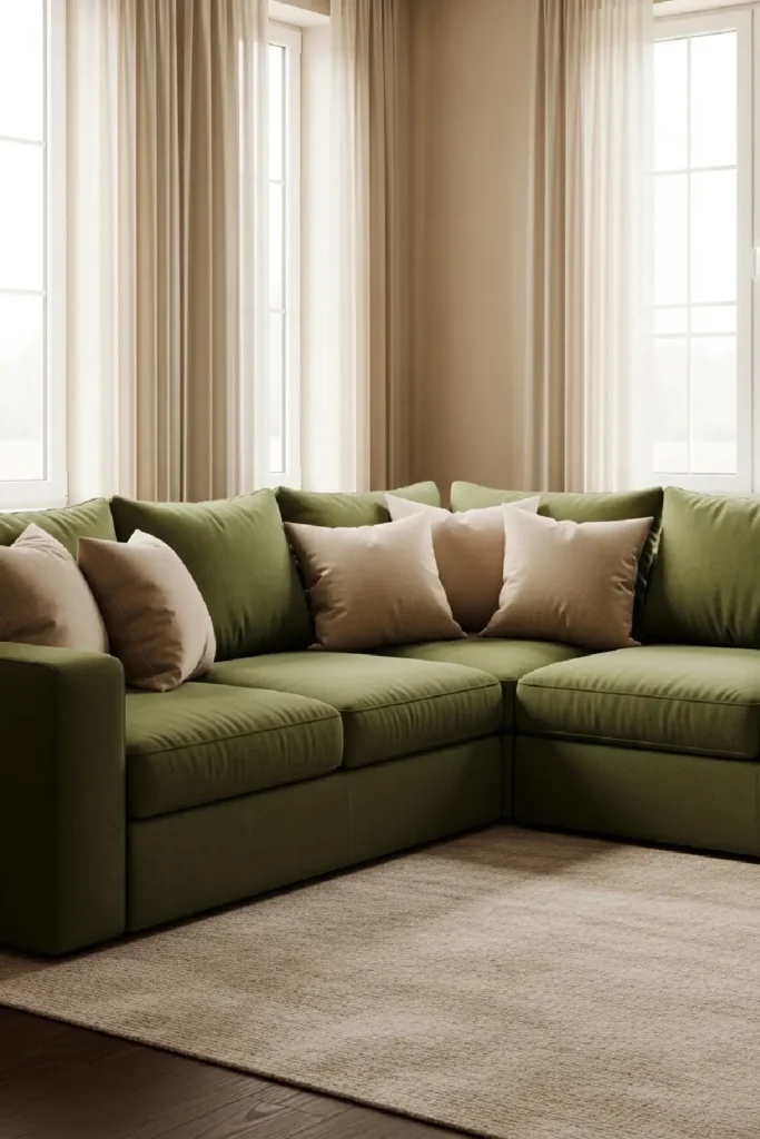 Forest green sectional with beige tones