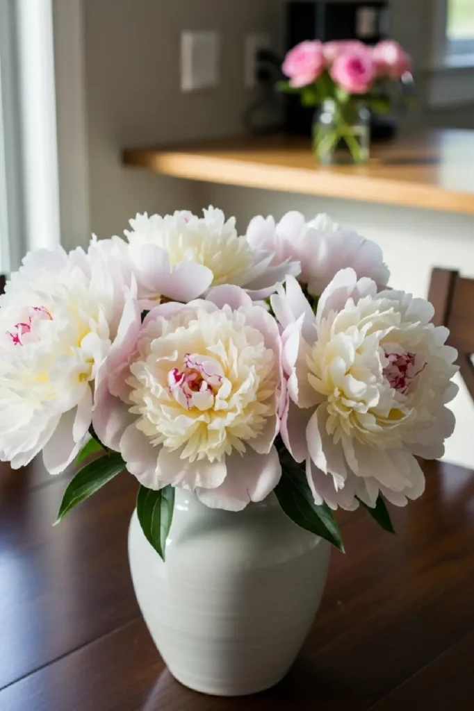 Fresh white peonies in ceramic vase