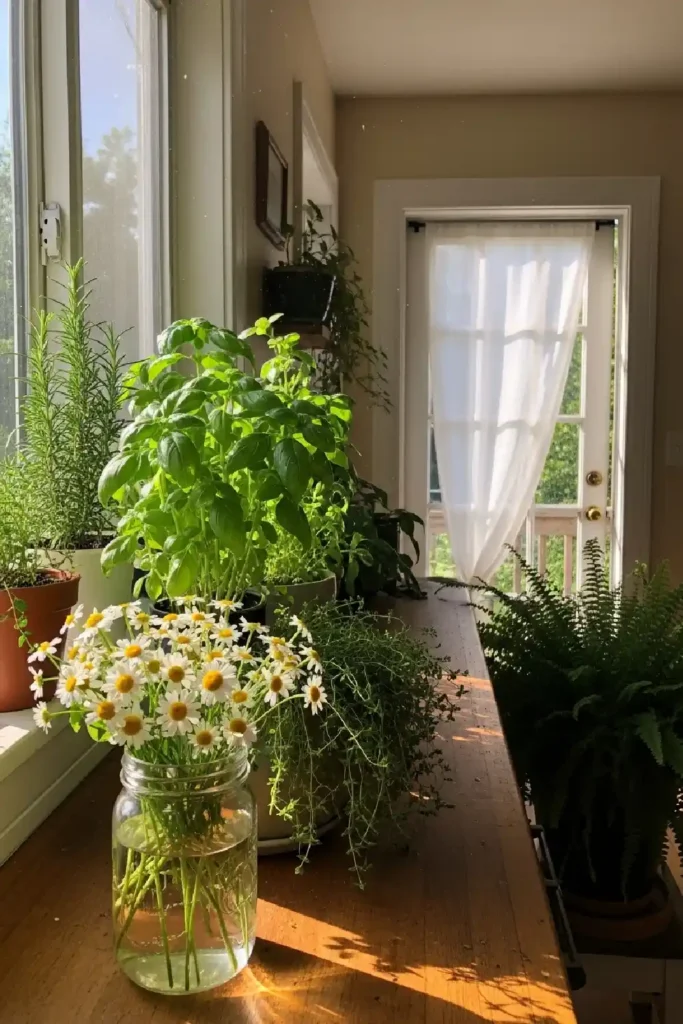 Lush herb garden on kitchen windowsill