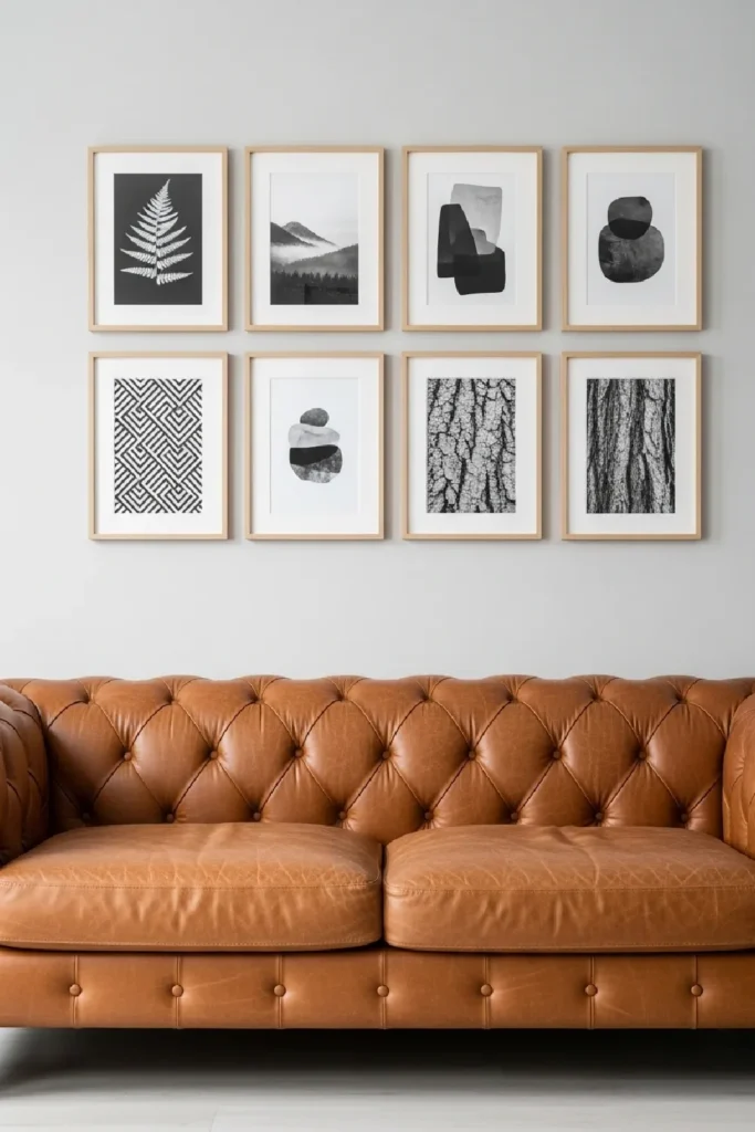 Gallery wall with wooden frames