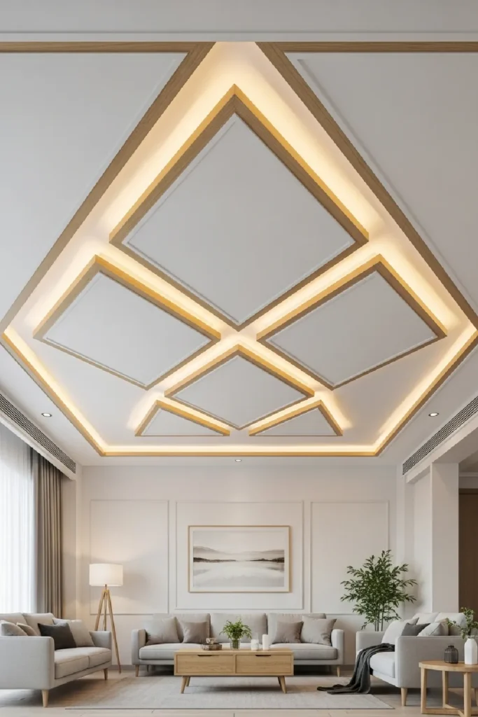 Diamond pattern ceiling with oak strips